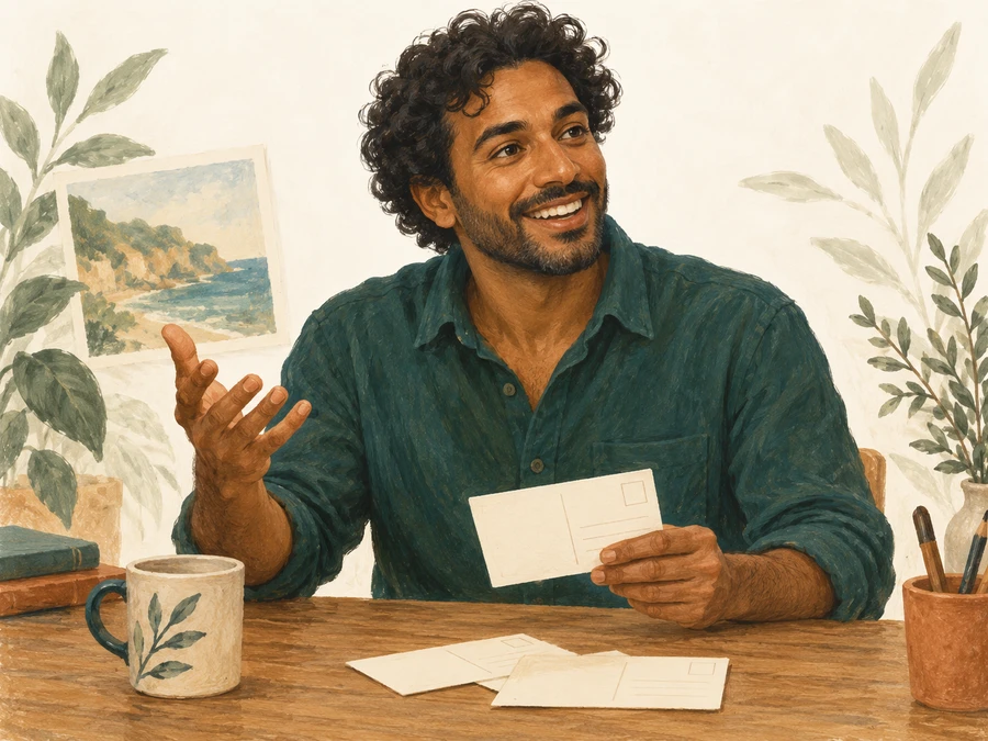 A curly-haired man telling a story with an open hand at a table.
