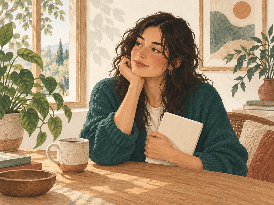 A thoughtful woman with a notebook beside a leafy plant in gentle window light.