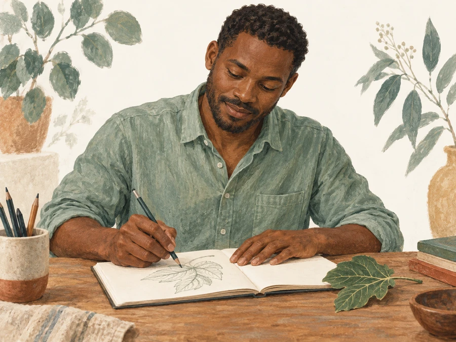 A man drawing a leaf in a notebook.