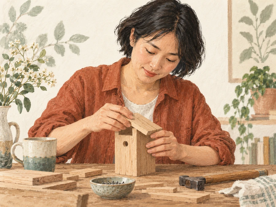 A woman carefully assembling a small wooden object.