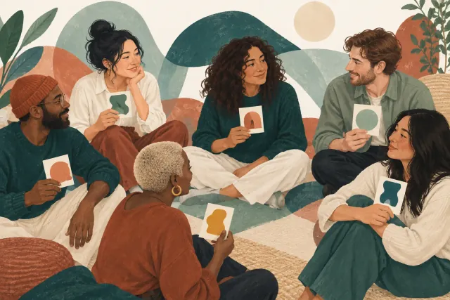 Seis pessoas ilustradas sentadas em círculo seguram cartões com formas coloridas, com plantas ao fundo.